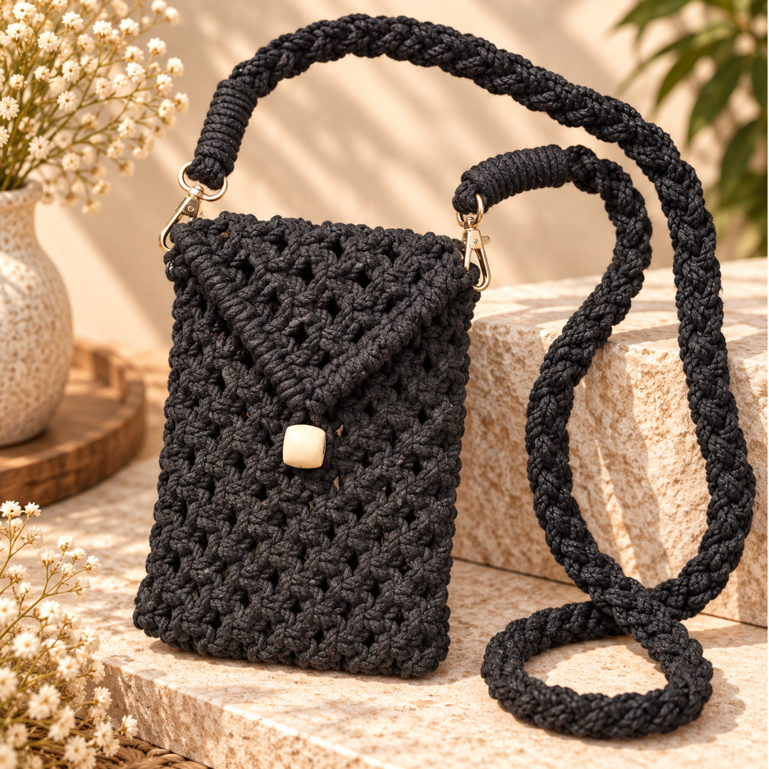 Black Bead Macrame Mobile Bag