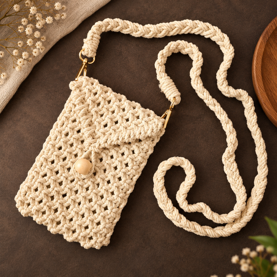 Off White Bead Macrame Mobile Bag