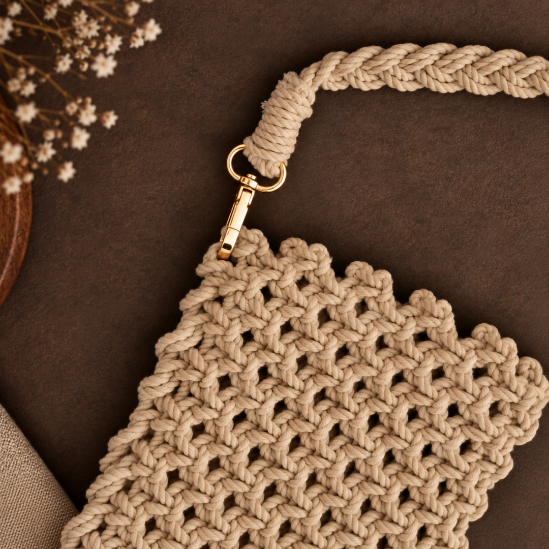 Beige Knot Macramé Mobile Sling Bag