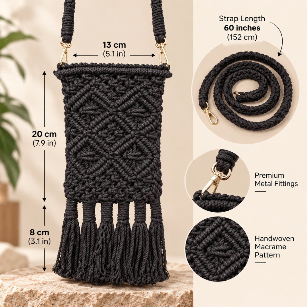 Black Diamond Knot Tassel Macrame Mobile Sling Bag