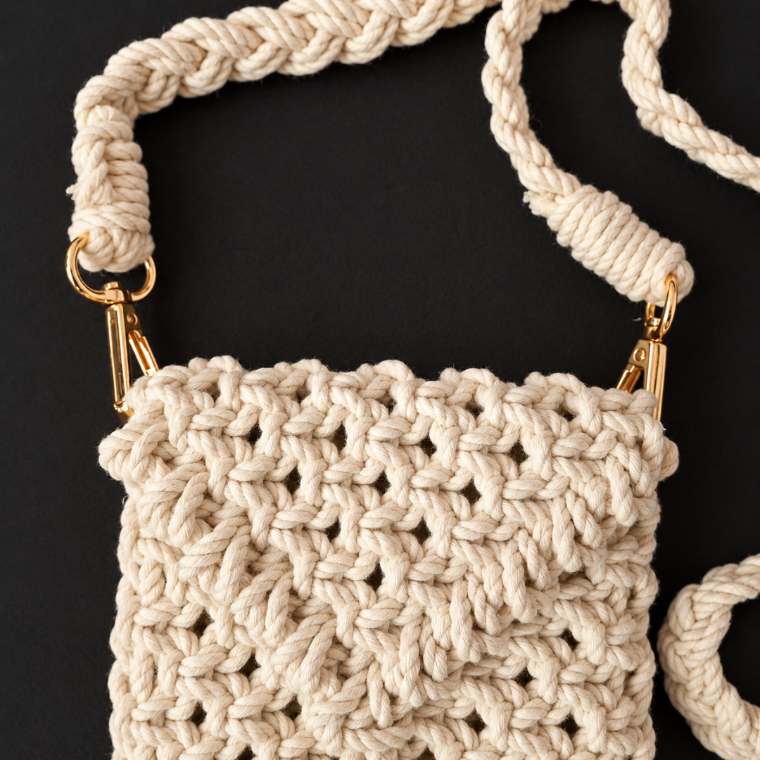 Off White Bead Macrame Mobile Bag