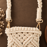 Off-White Diamond Knot Tassel Macrame Mobile Sling Bag