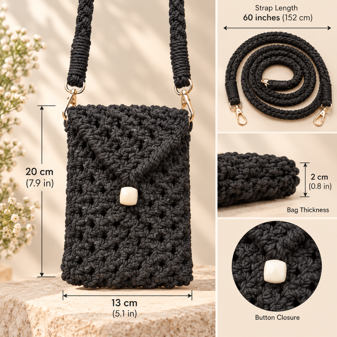 Black Bead Macrame Mobile Bag