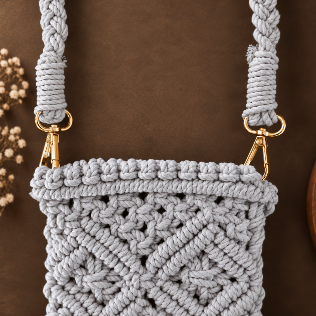 Grey Diamond Knot Tassel Macrame Mobile Sling Bag