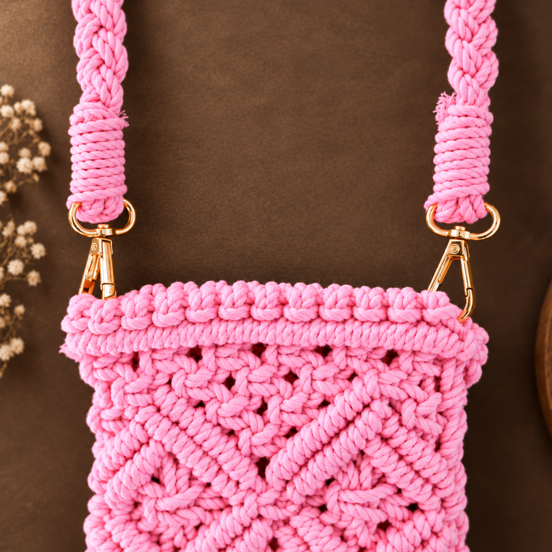 Pink Diamond Knot Tassel Macrame Mobile Sling Bag