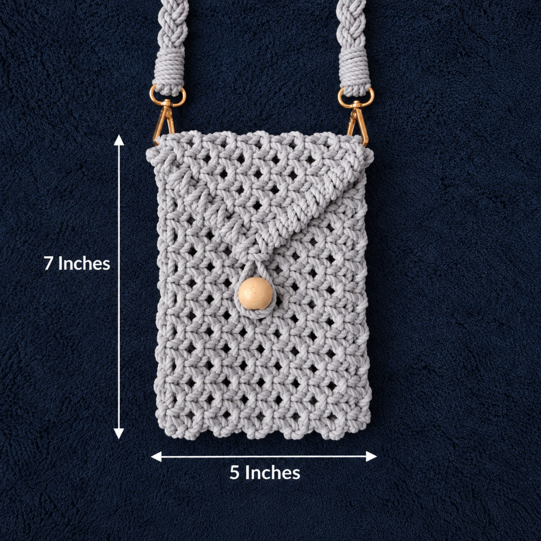 Grey Bead Macrame Mobile Bag