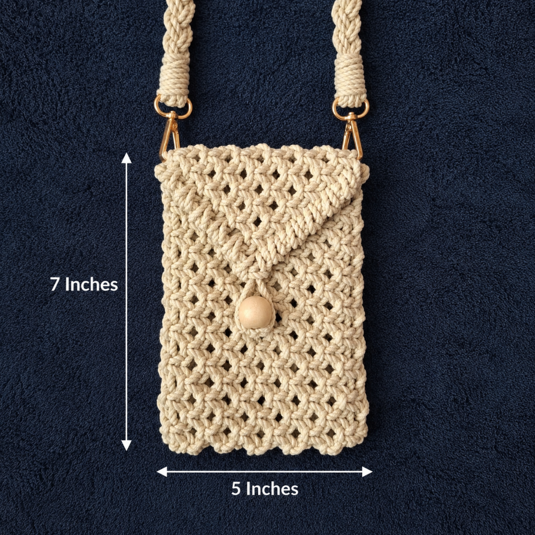 Off White Bead Macrame Mobile Bag