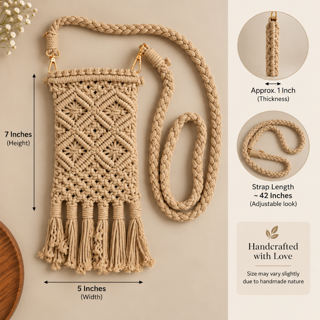 Beige Diamond Knot Tassel Macrame Mobile Sling Bag