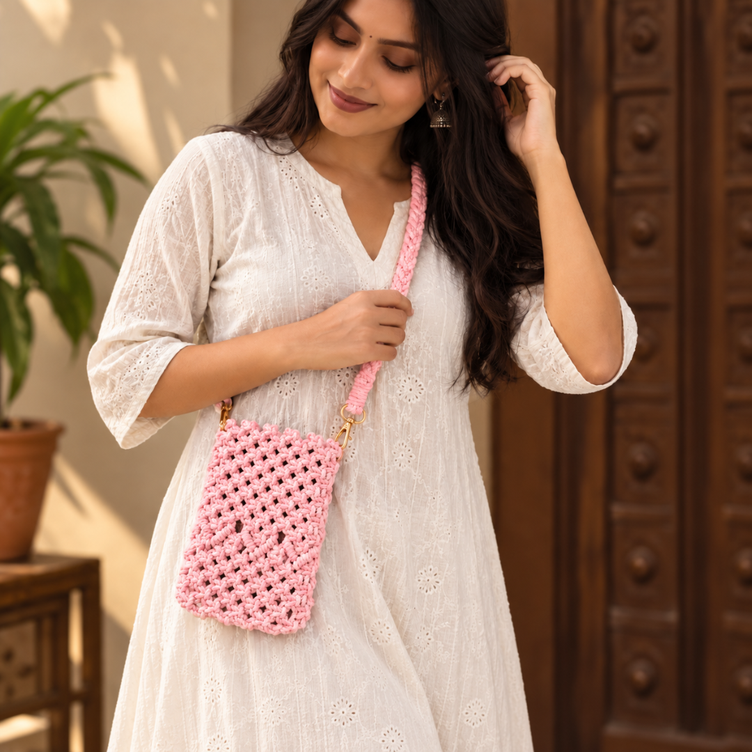 Pink Knot Macrame Mobile Sling Bag