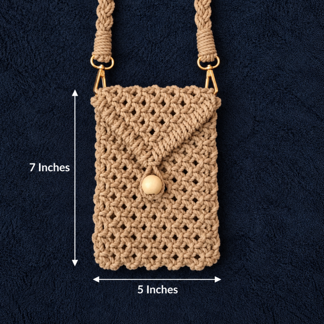 Beige Bead Macrame Mobile Bag