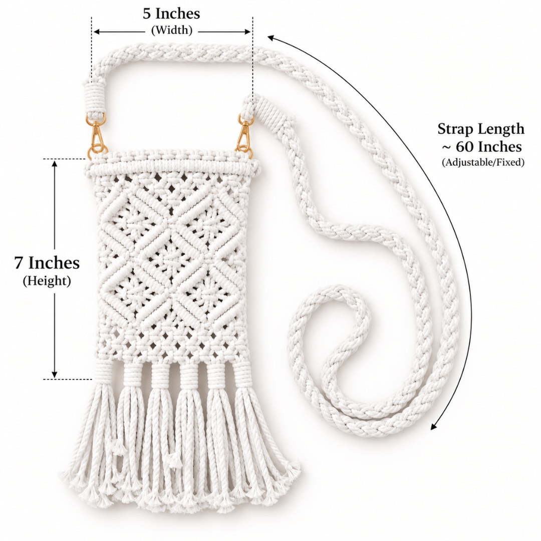 White Diamond Knot Tassel Macrame Mobile Sling Bag