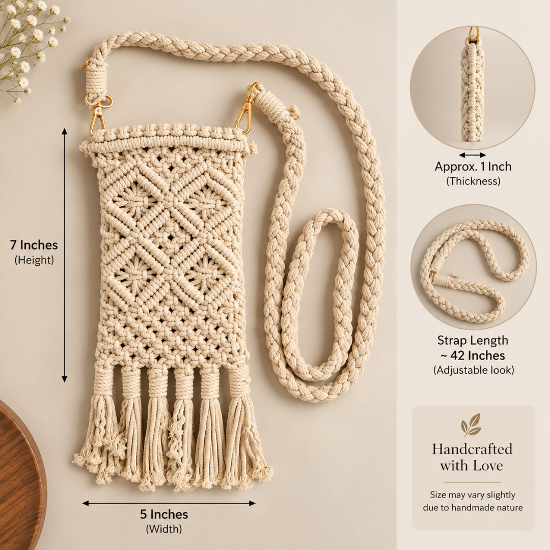 Off-White Diamond Knot Tassel Macrame Mobile Sling Bag