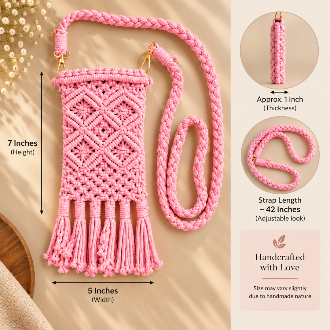 Pink Diamond Knot Tassel Macrame Mobile Sling Bag