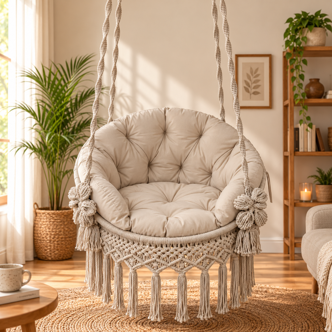 Off-White Macrame Hanging Swing Chair