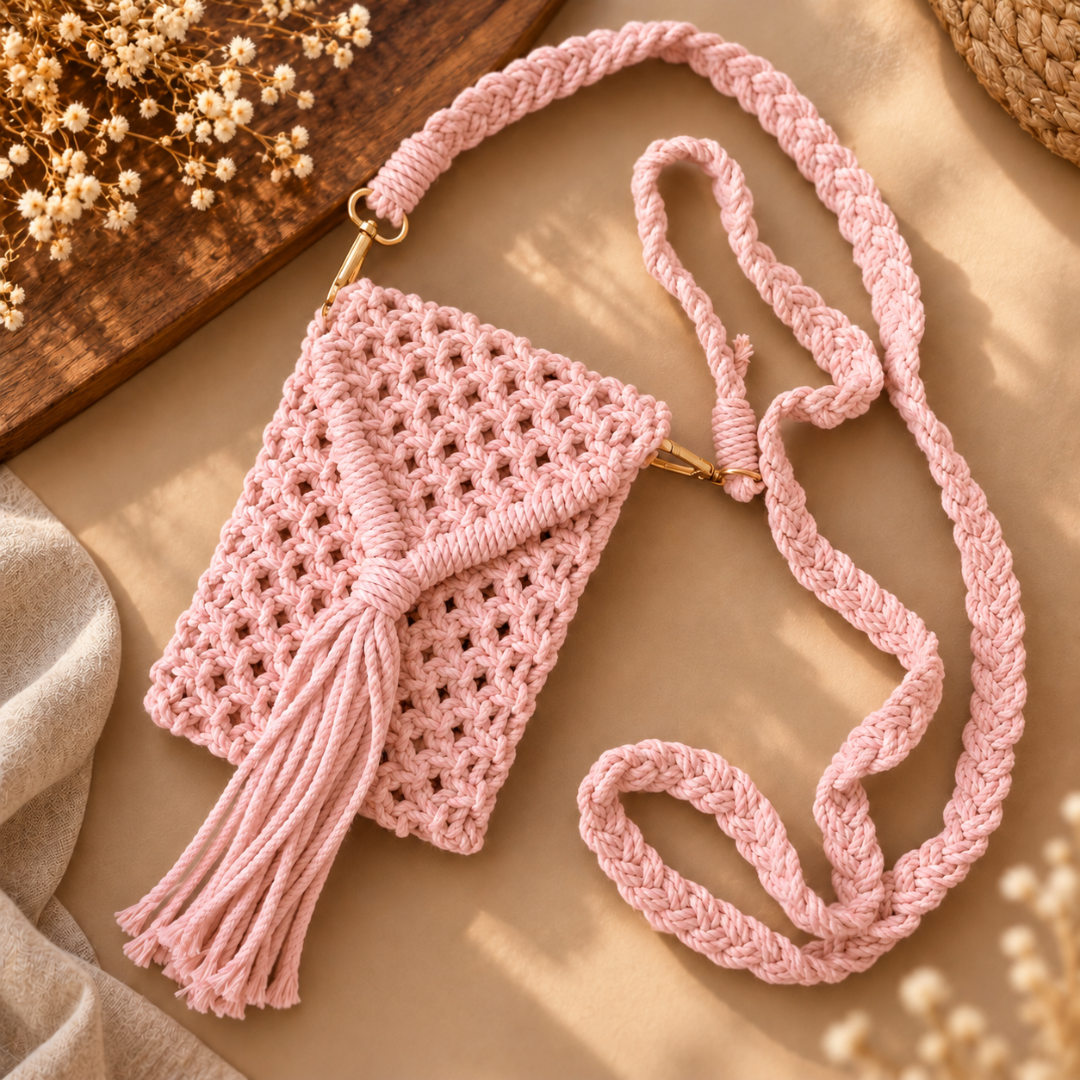 Pink Tassel Macrame Mobile Bag