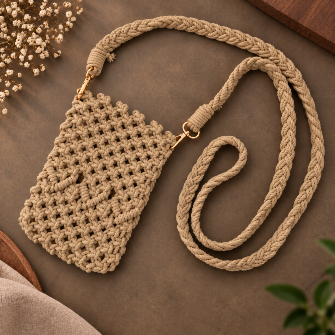 Beige Knot Macramé Mobile Sling Bag
