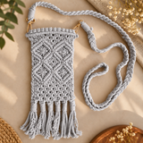 Grey Diamond Knot Tassel Macrame Mobile Sling Bag