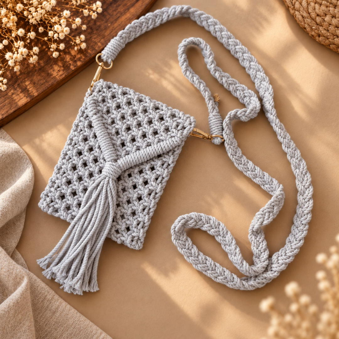 Grey Tassel Macrame Mobile Bag