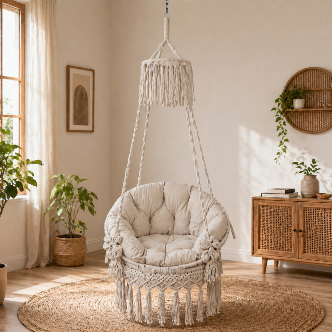 Off-White Macrame Hanging Swing Chair