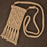 Beige Diamond Knot Tassel Macrame Mobile Sling Bag