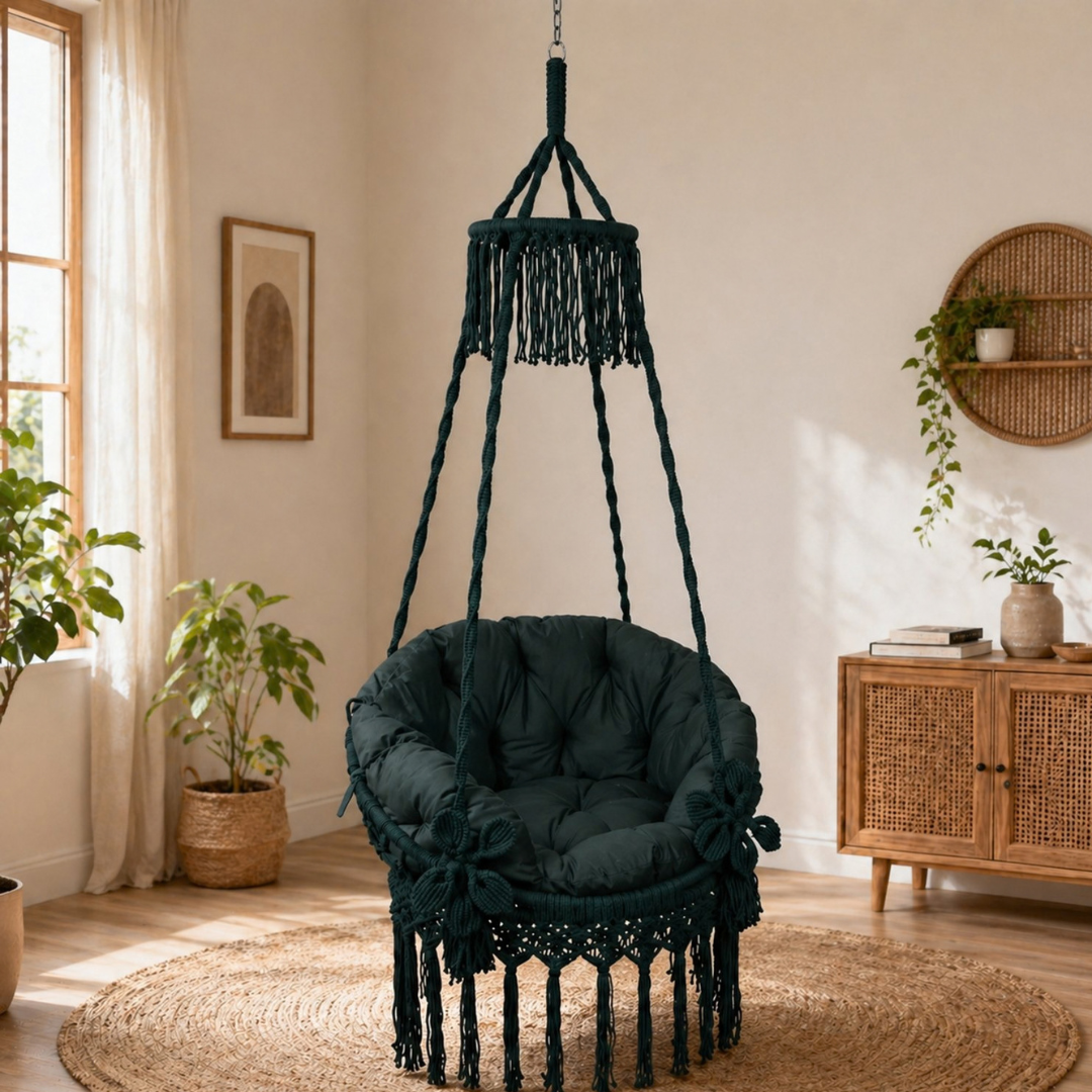 Dark Green Macrame Hanging Swing Chair