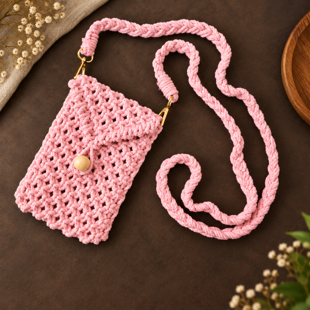 Pink Bead Macrame Mobile Bag
