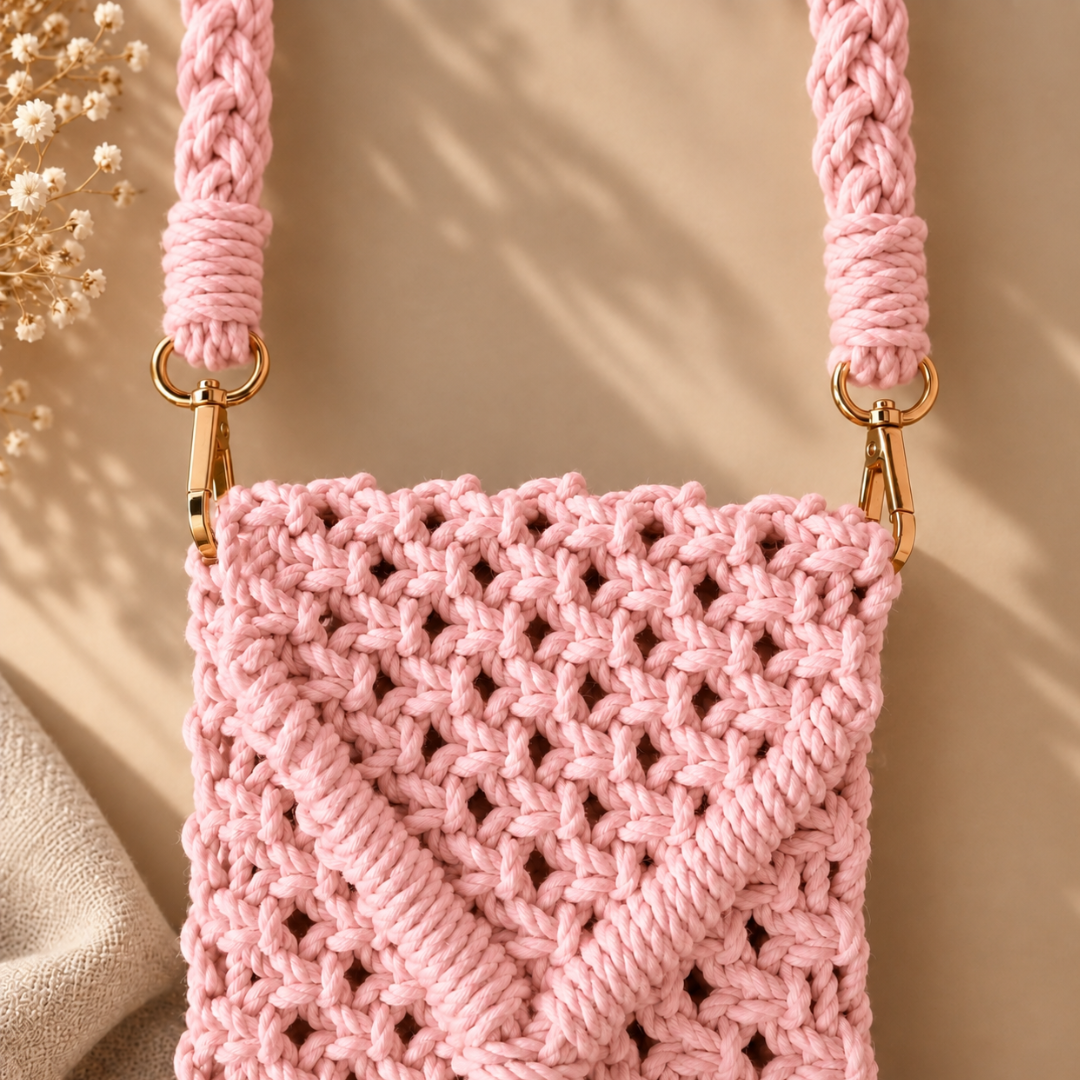 Pink Tassel Macrame Mobile Bag