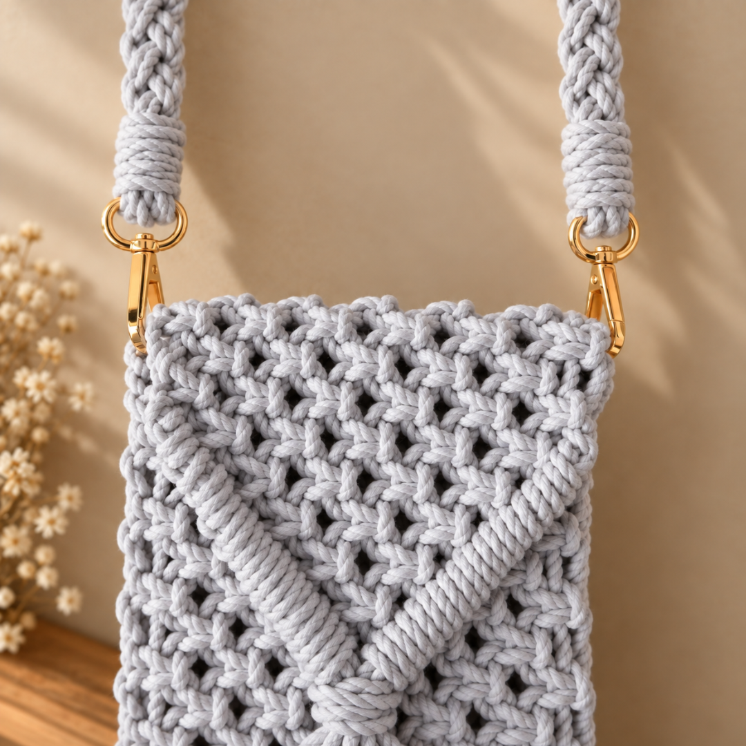 Grey Tassel Macrame Mobile Bag