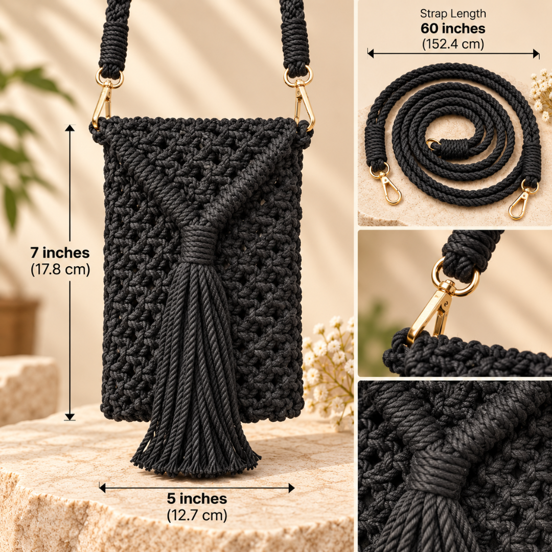 Black Tassel Macrame Mobile Bag