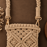 Beige Diamond Knot Tassel Macrame Mobile Sling Bag