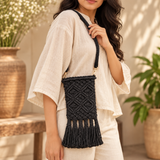 Black Diamond Knot Tassel Macrame Mobile Sling Bag